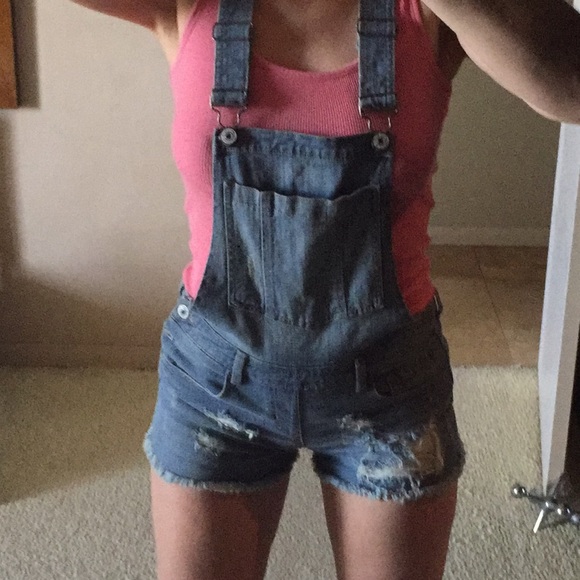 EUC Distressed denim shorts overalls shortalls - Picture 6 of 8